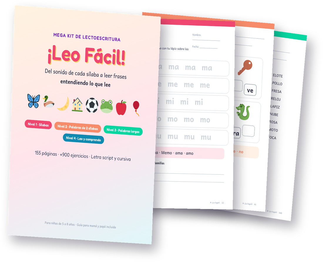 Portada del kit ¡Leo Fácil! y páginas interiores con actividades de sílabas