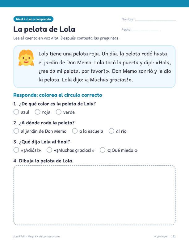 Página con un cuento corto y preguntas